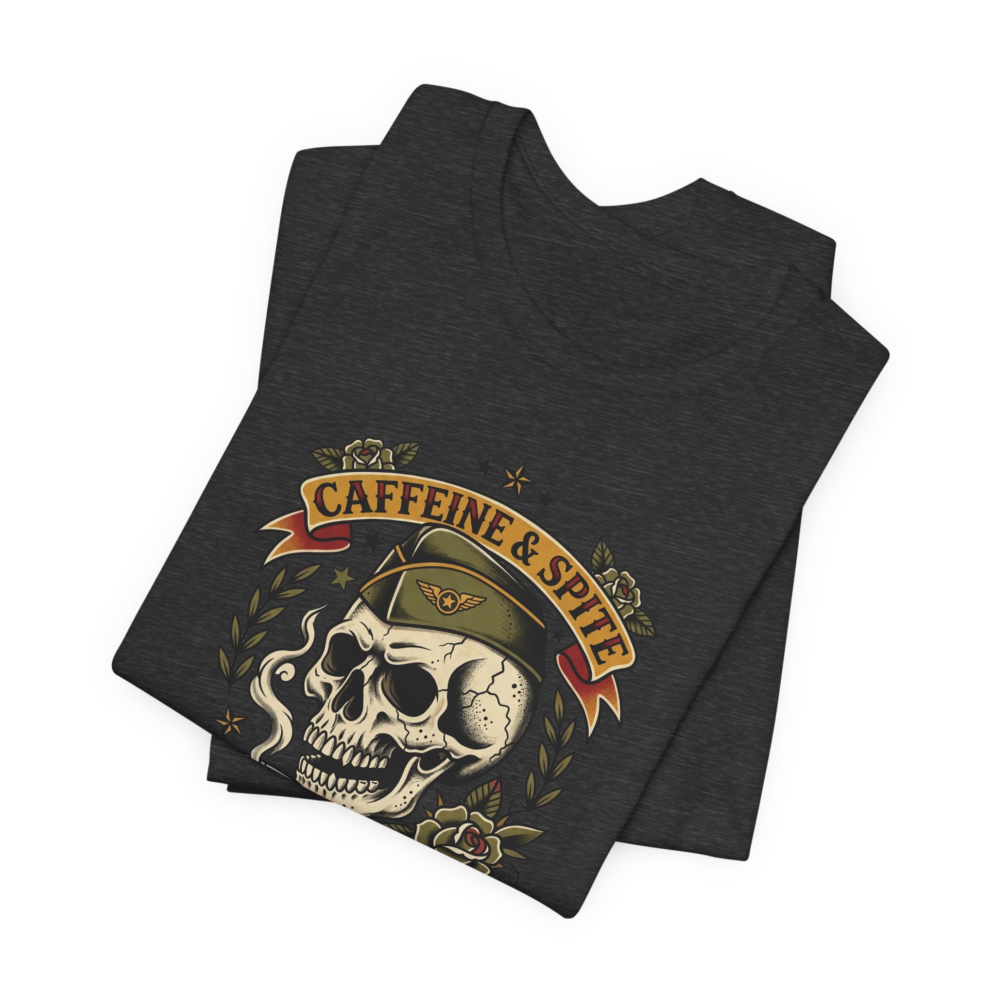 Black skull graphic t-shirt front with coffee mug and roses design