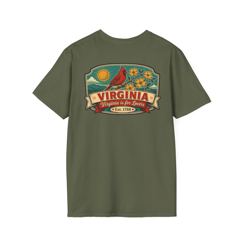 Olive green T-shirt with Virginia travel graphic and cardinal bird print