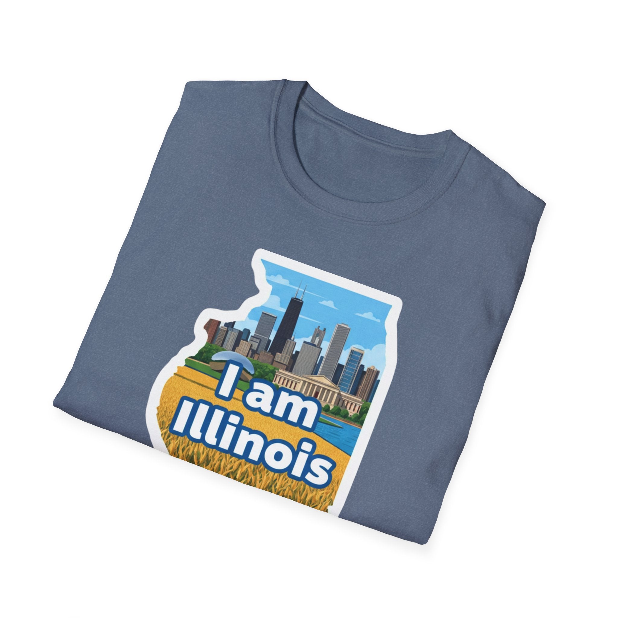 I Am Illinois T-shirt graphic on blue heather: map, skyline, farmland and text