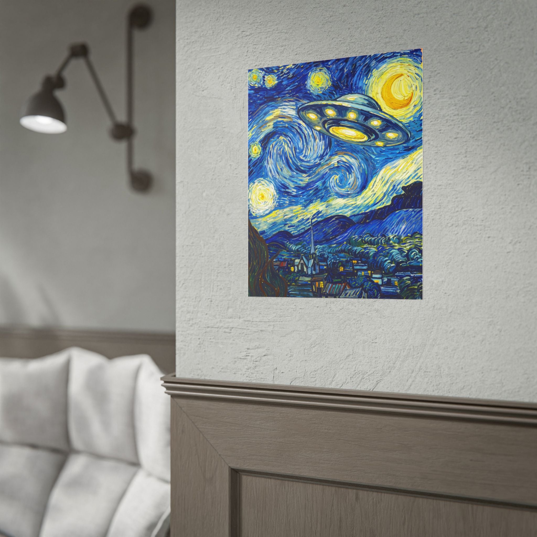 Wall-hung UFO space poster with swirling stars and bright yellow moon tones