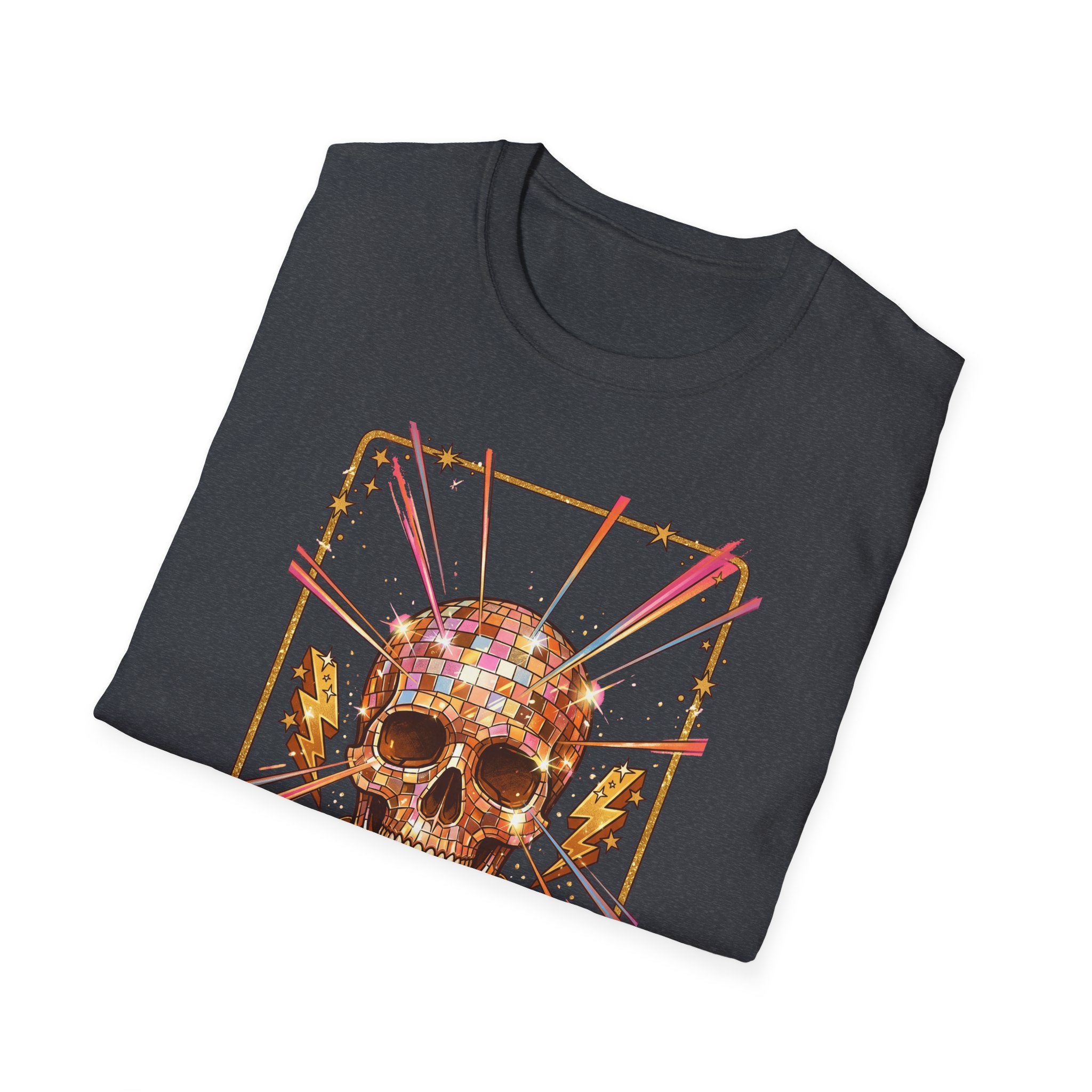 Black T-shirt with skull and mirror-ball retro front graphic
