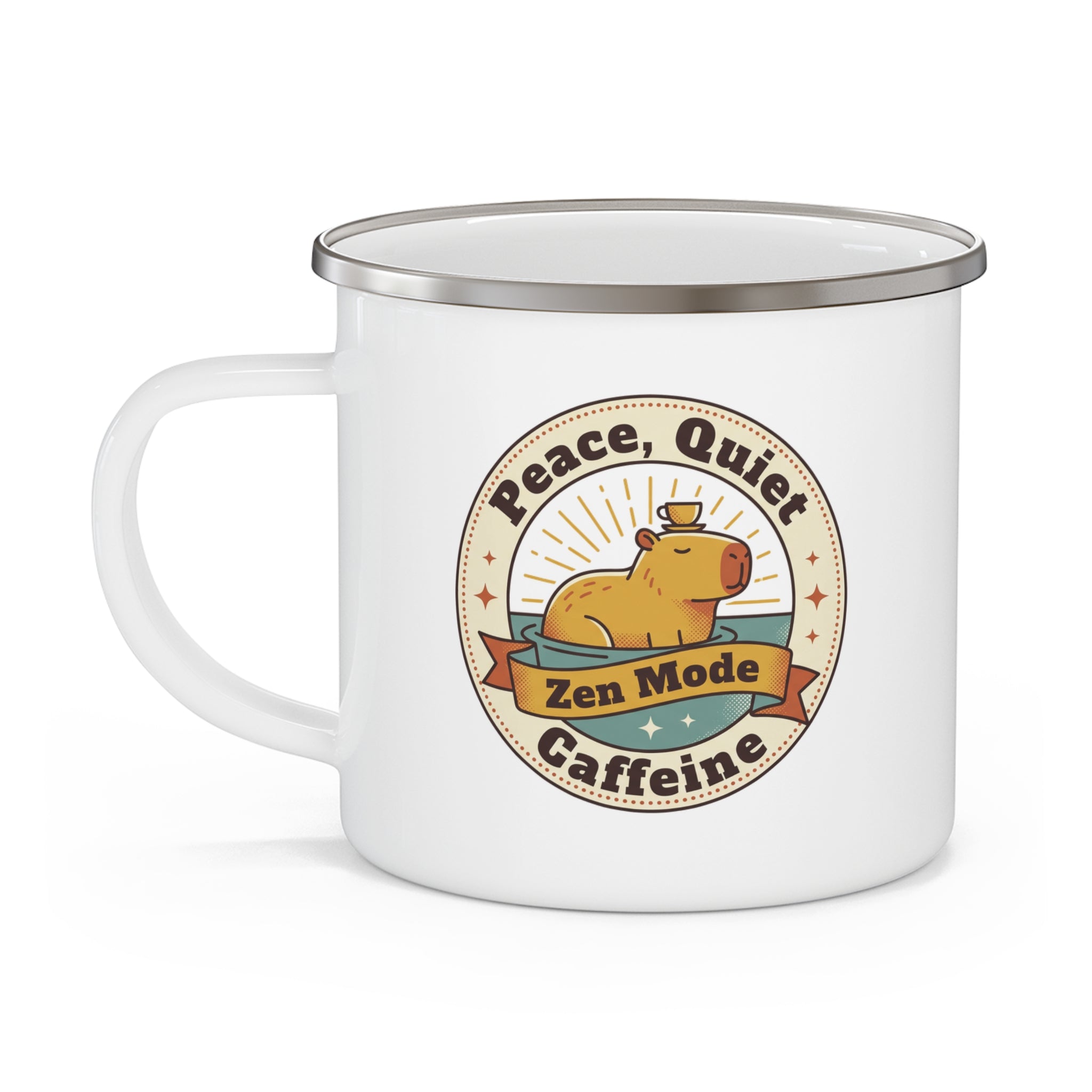 Funny Capybara Mug Peace Quiet & Caffeine | Zen Mode Coffee Mug | Cute Capybara Gift | Enamel Camping Mug | Coffee Lover Gift for Her
