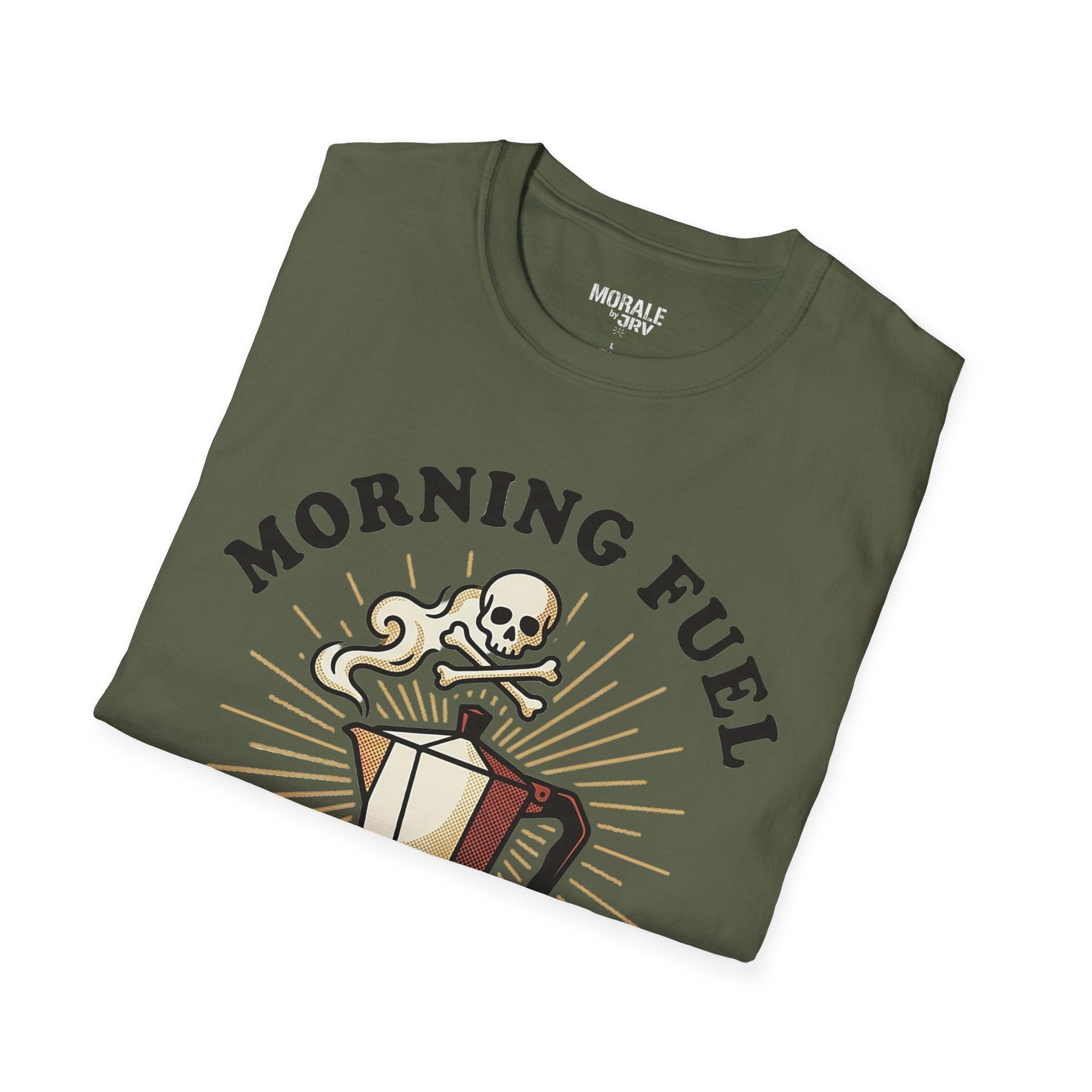 Military green T-shirt with MORNING FUEL skull coffee cup graphic