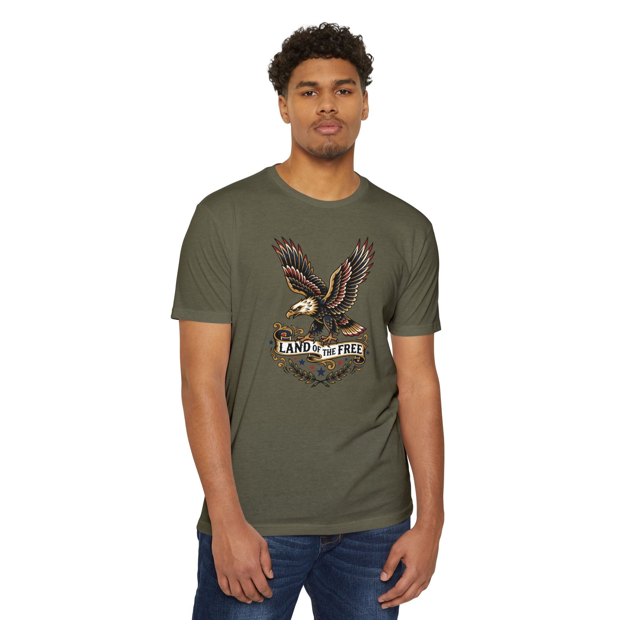 Graphic eagle T-shirt, olive green crew neck with colorful eagle badge
