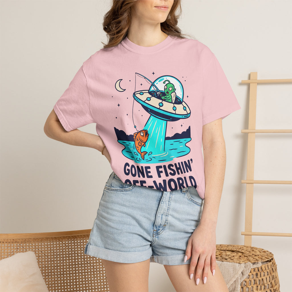 Light pink graphic alien fishing t-shirt with UFO and fish illustration