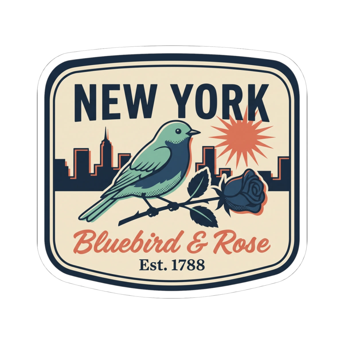 Kiss-cut vinyl label with NEW YORK title, bluebird on branch, rose, Est. 1788