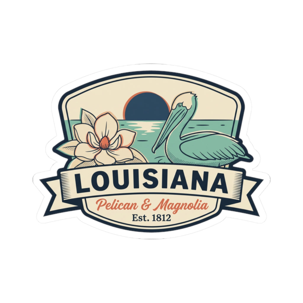 Louisiana pelican & magnolia decal with ribbon banner lettering and “Est. 1812” badge details.