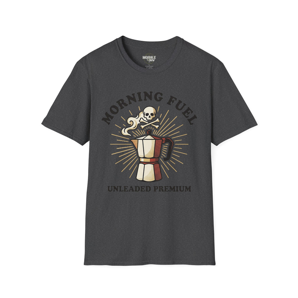 Dark heather unisex tee: “Morning Fuel” skull moka pot graphic, “Unleaded Premium”