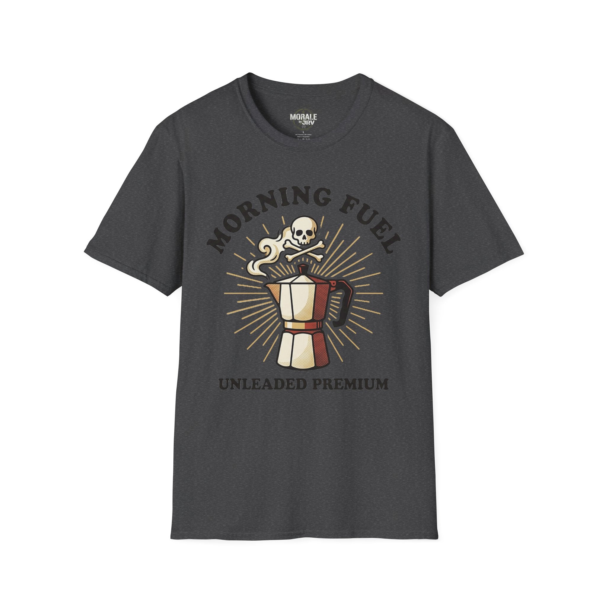 Dark heather unisex tee: “Morning Fuel” skull moka pot graphic, “Unleaded Premium”