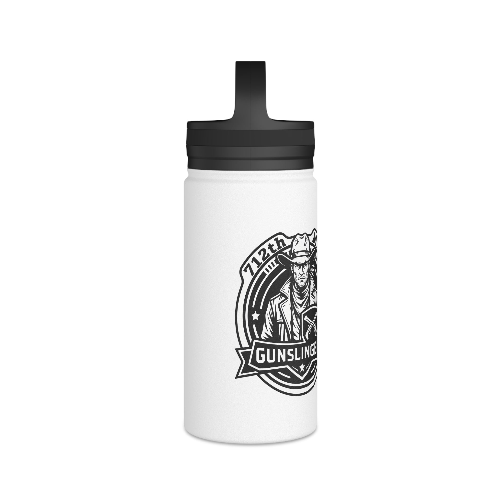 White stainless steel water bottle with black lid and Gunslinger crest graphic