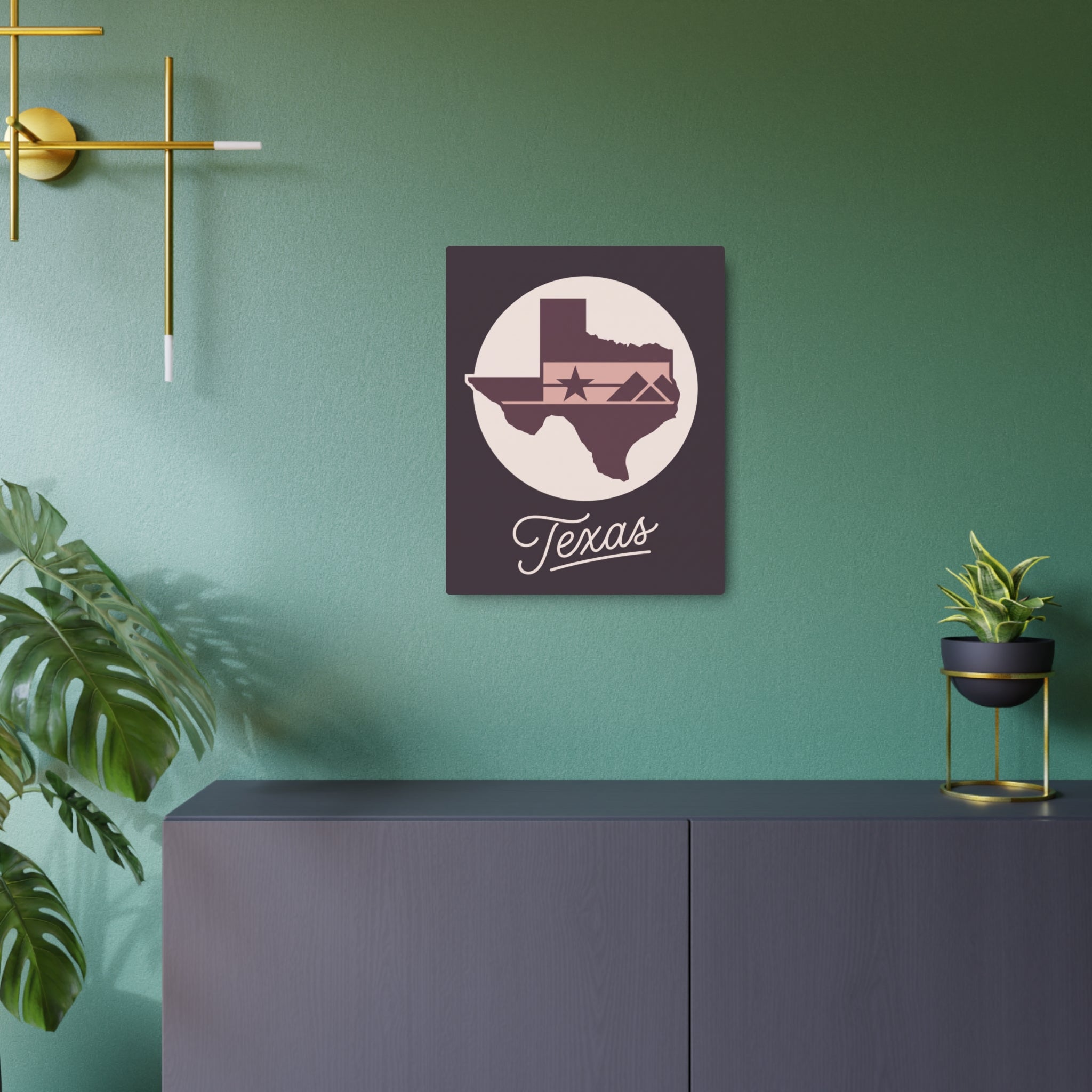 Mauve square Texas metal wall art featuring Texas state shape and star with script