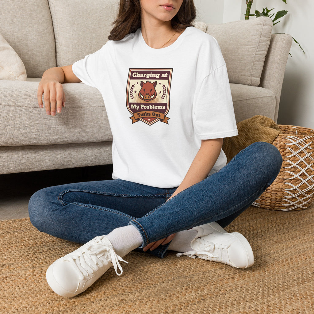 Funny Boar T-Shirt | Charging at My Problems Tusks Out Crest Graphic Tee | Wild Boar Lover Gift