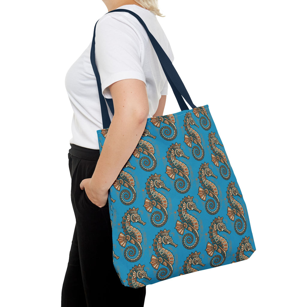 Ocean-blue tote bag with steampunk seahorse all-over print and navy shoulder strap