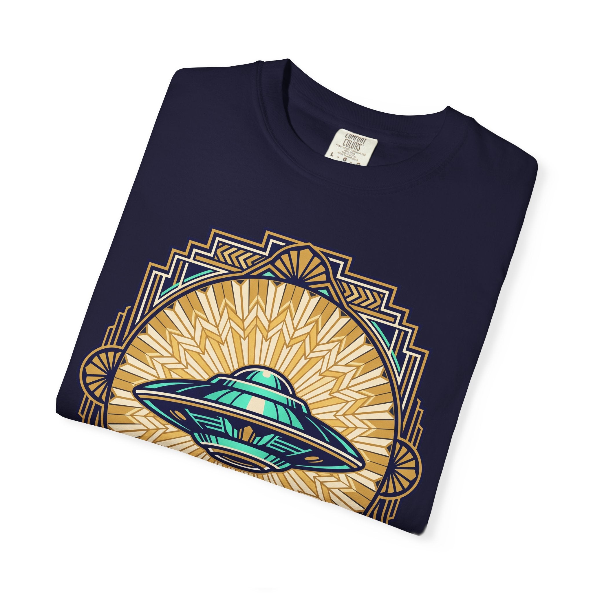 Navy T-shirt with retro UFO graphic inside sunburst emblem