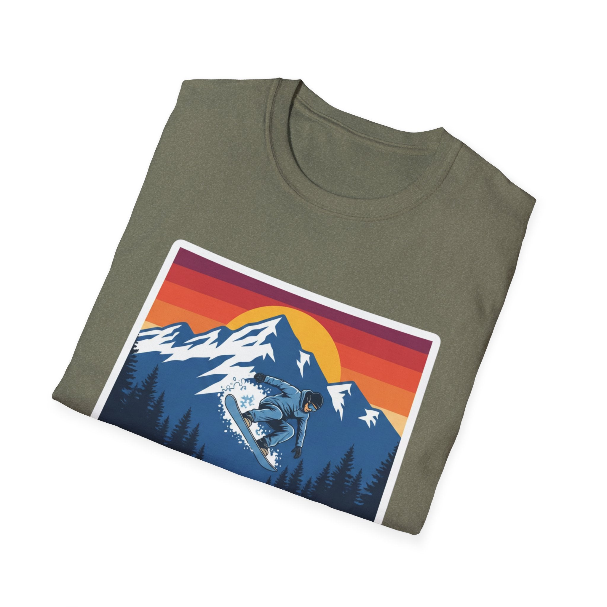 Heather Military Green T-shirt with Colorado mountain sunset graphic