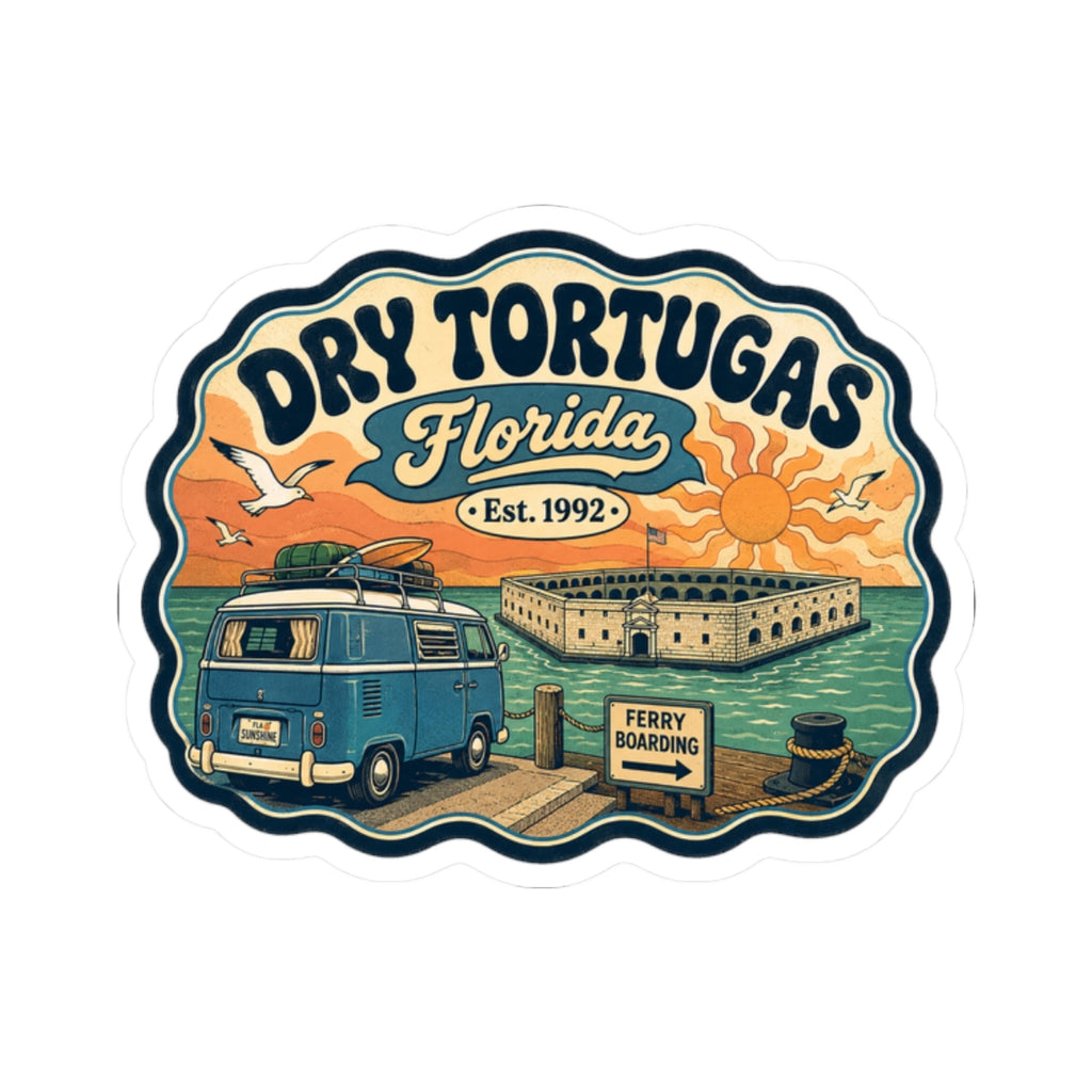 Dry Tortugas National Park kiss-cut sticker featuring teal camper van, fort, water, and ferry sign