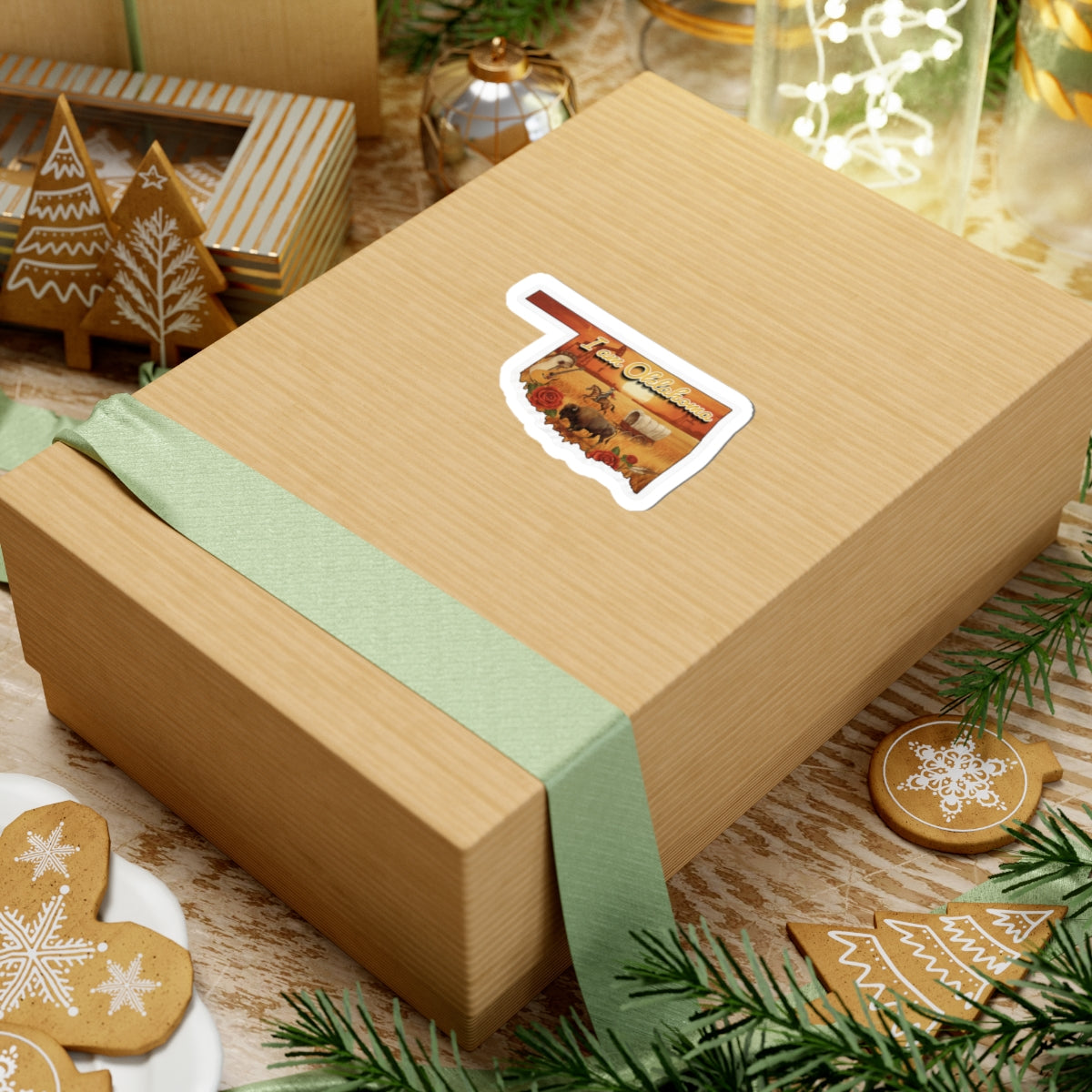 I am Oklahoma sticker on gift box lid, western landscape, roses and buffalo illustration