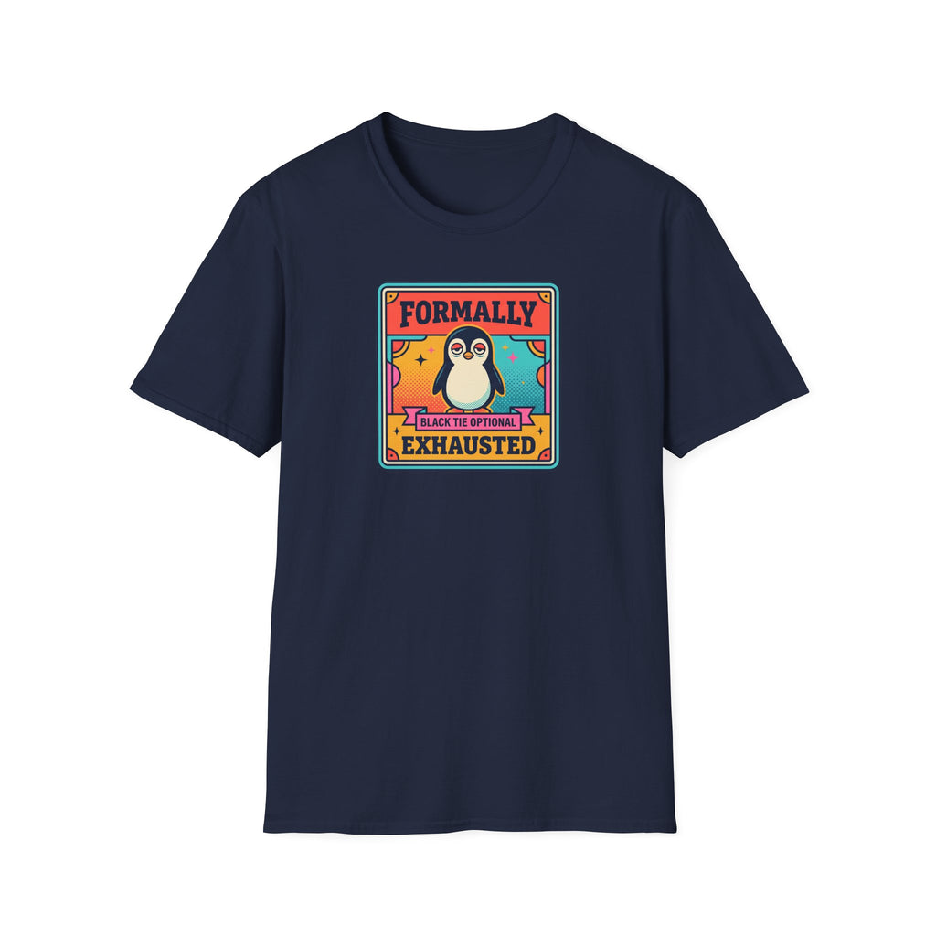 Funny Penguin T-Shirt | Formally Exhausted Black Tie Optional Retro Graphic Tee | Penguin Gift