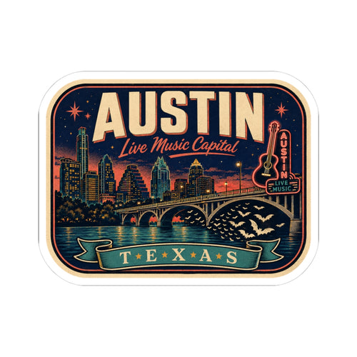 Austin luggage tag sticker with city skyline, “Live Music Capital” and “Texas” banner
