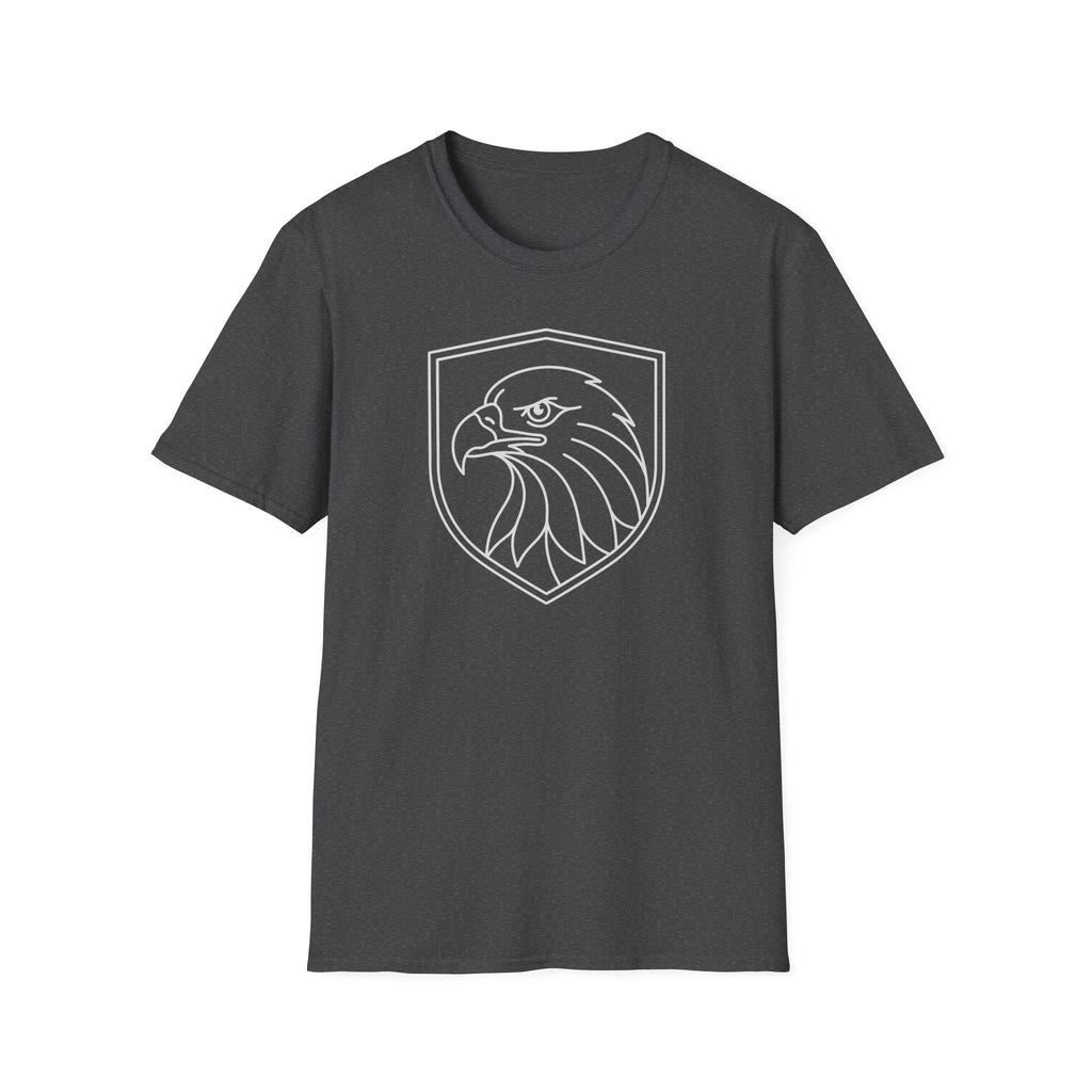 Dark gray T-shirt with outlined shield eagle head graphic on the front.