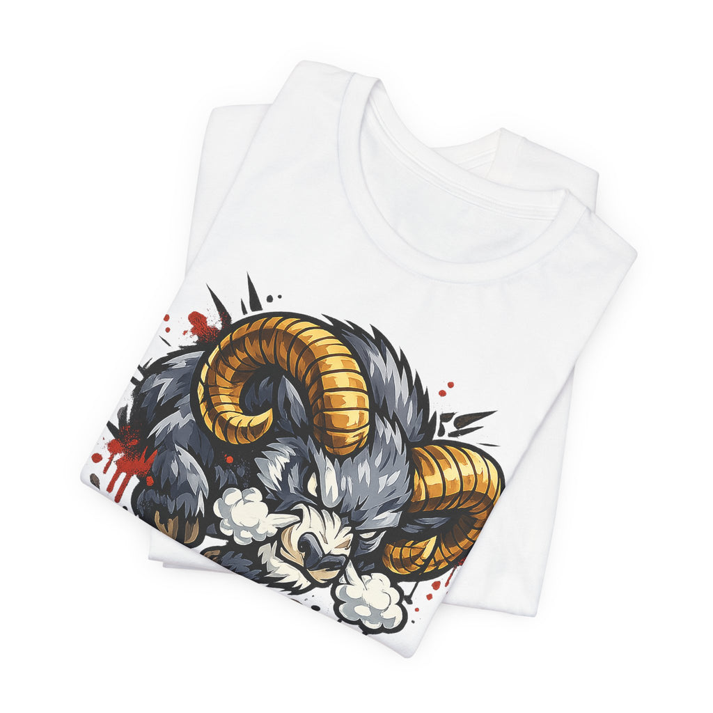 Charging Ram Illustration T-Shirt | Angry Horned Animal Graphic Tee, Wild Bighorn Art Unisex Gift