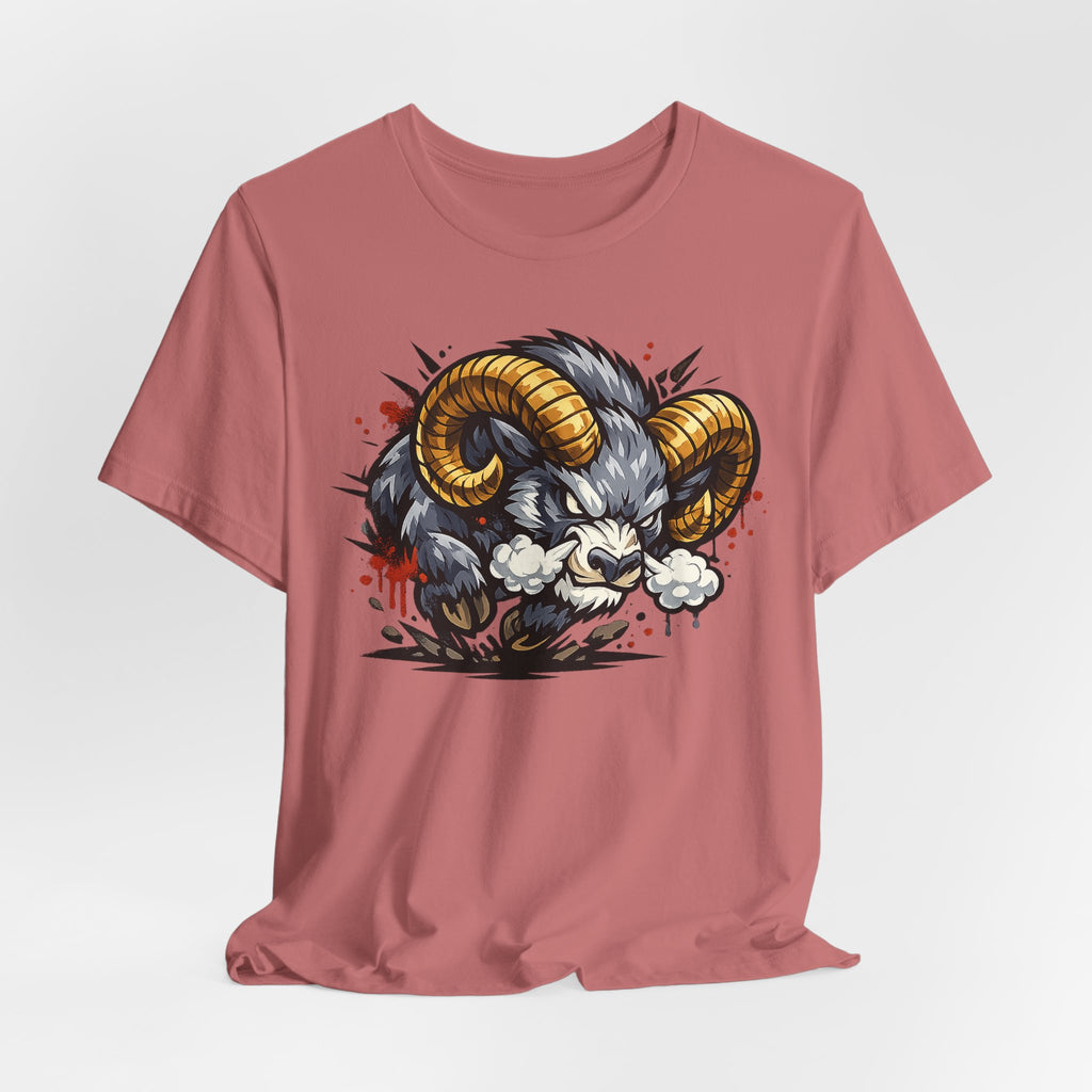 Charging Ram Illustration T-Shirt | Angry Horned Animal Graphic Tee, Wild Bighorn Art Unisex Gift