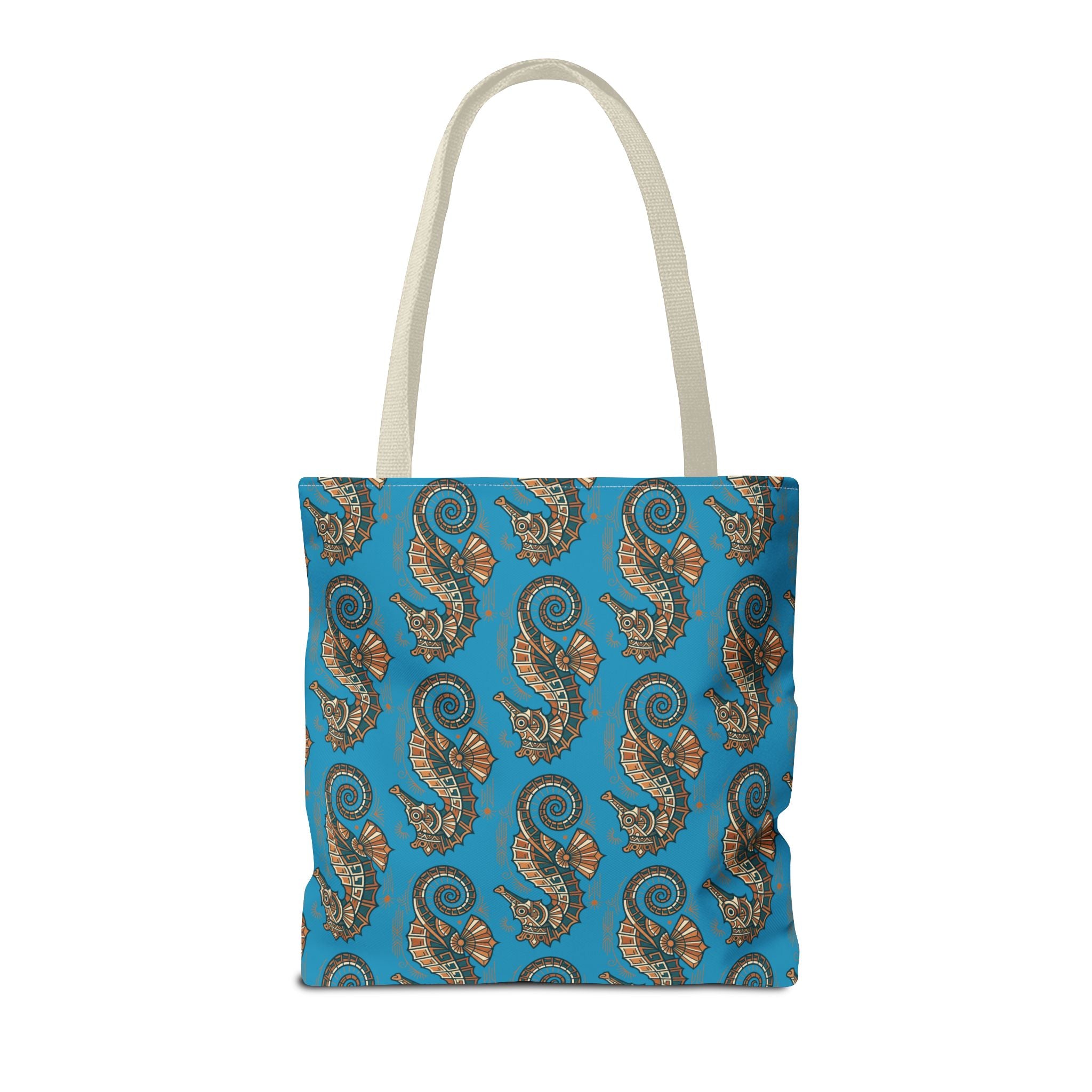 Blue tote bag with steampunk seahorse all-over print and beige handles