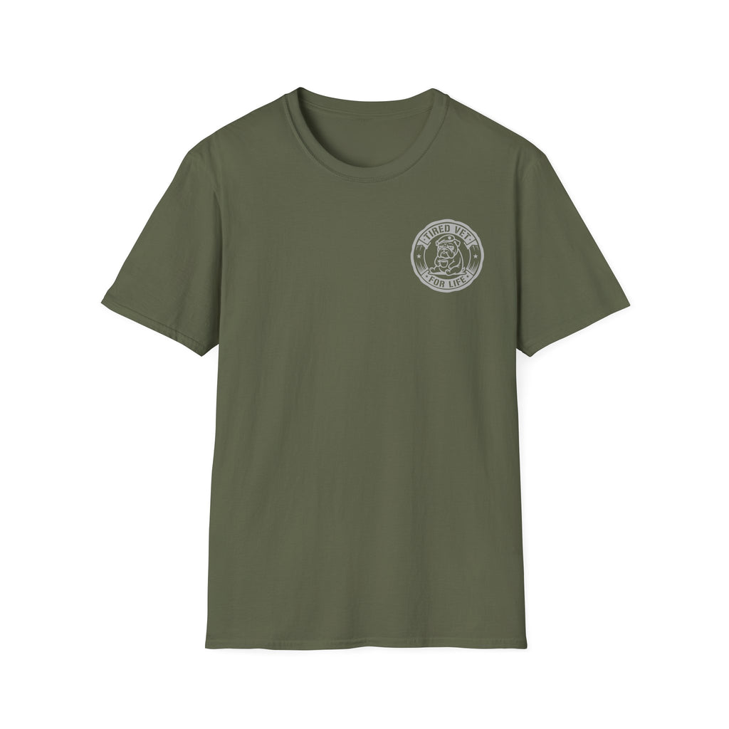 Funny Retired Veteran T-Shirt Humorous Sleeping Desk Graphic Tee with Military Chest Badge for Vets