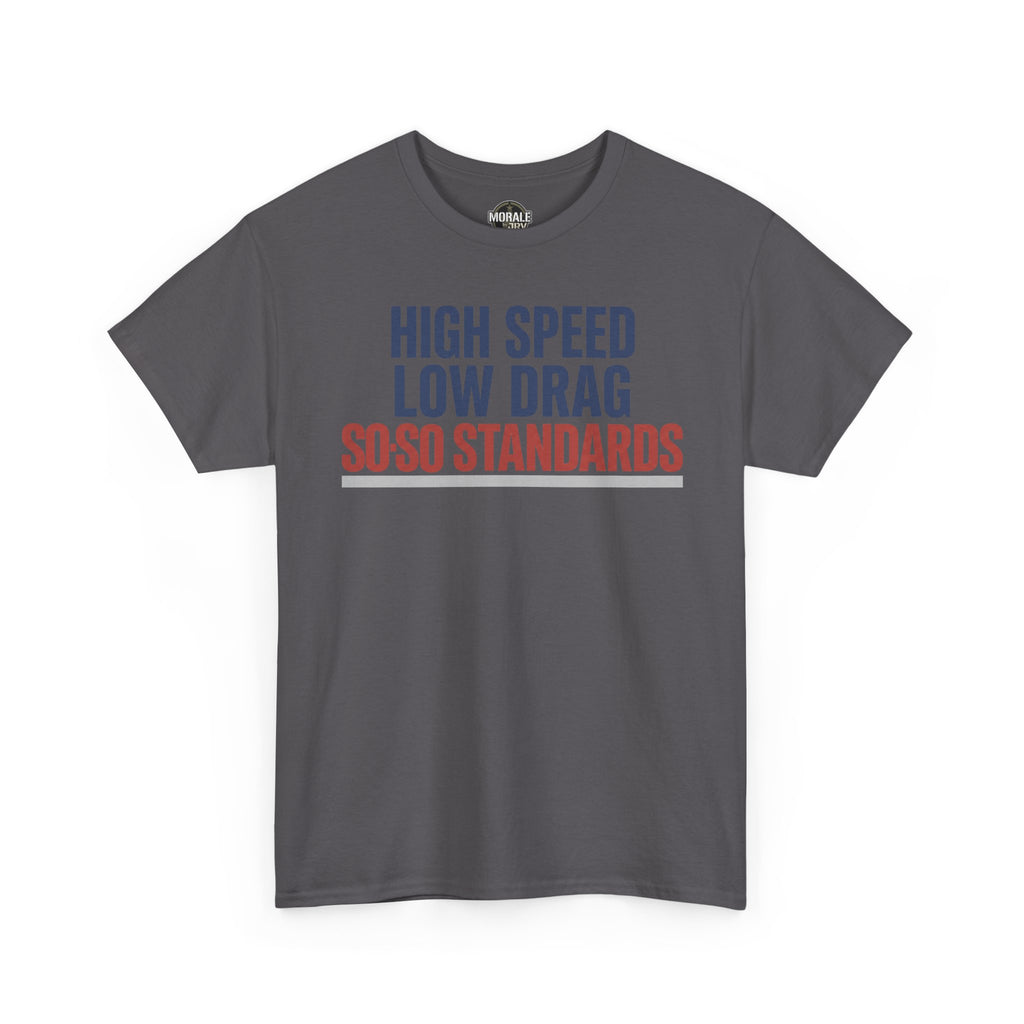 Charcoal gray T-shirt with crew neck, short sleeves, and colorful slogan graphic on front.