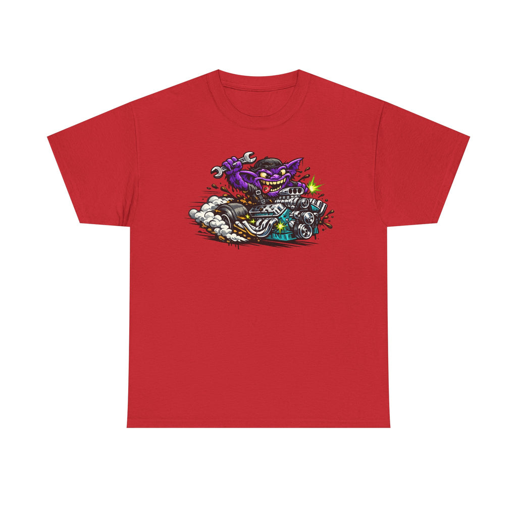 Purple Grinning Cat Biker Tee | Retro Cartoon Motorcycle Graphic T-Shirt, Unisex Streetwear Gift