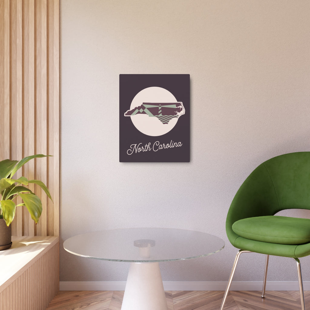 North Carolina metal wall art sign with state map graphic, off-white circle, and 'North Carolina' script