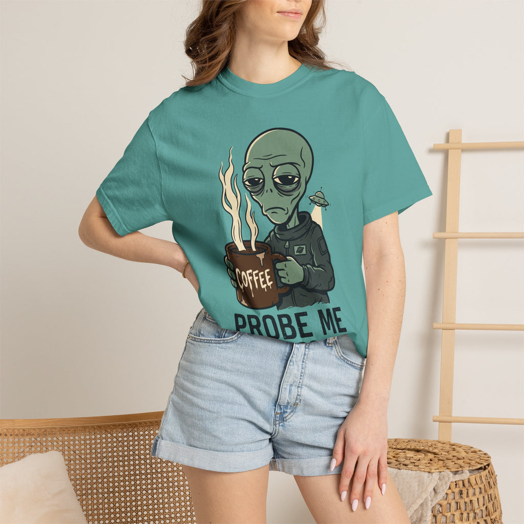 Teal alien coffee T-shirt on model, crew neck short sleeves with front print