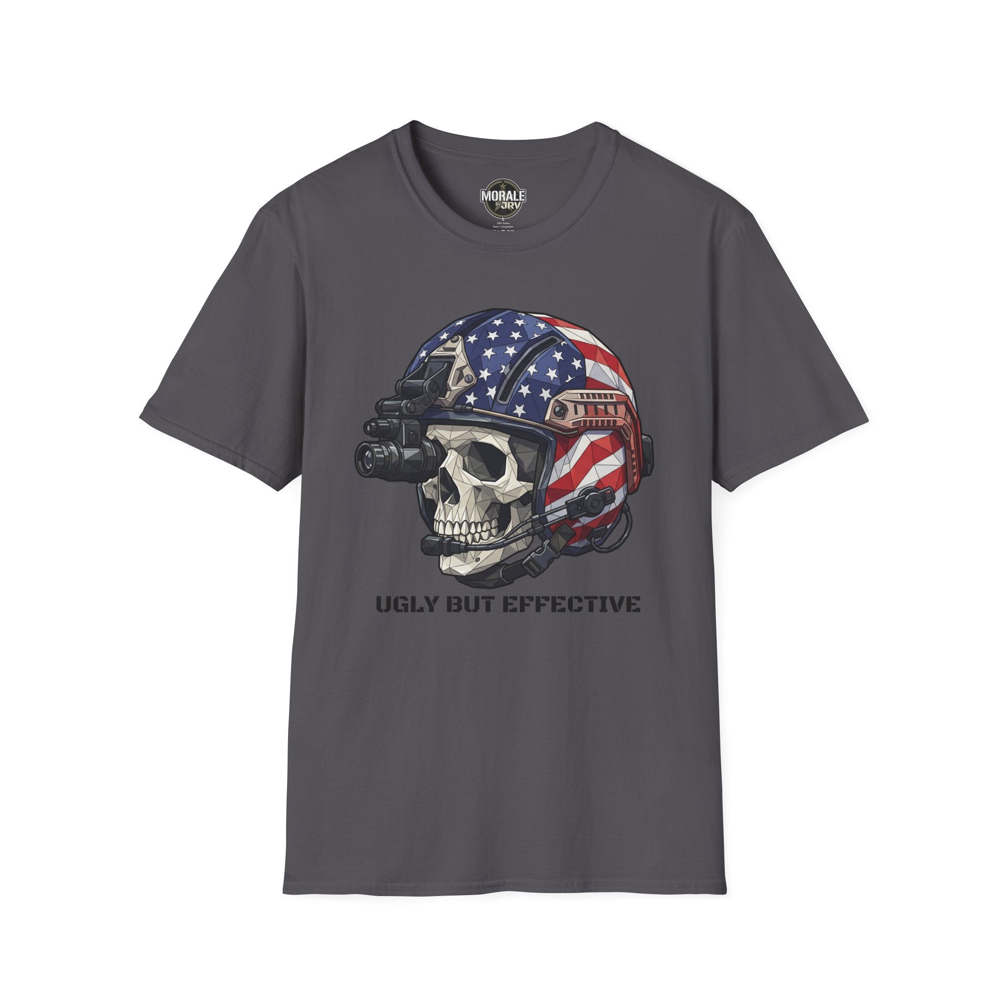 American Flag skull tactical helmet graphic T-shirt, dark gray crew neck