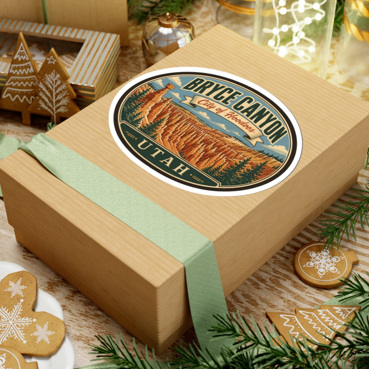 Round Bryce Canyon sticker with orange hoodoos, pine trees, 'City of Hoodoos' ribbon, 'UTAH'.