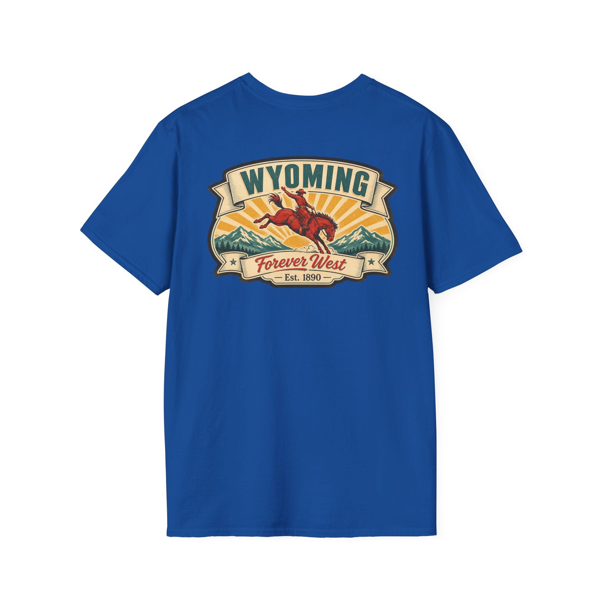 Royal blue Wyoming graphic T-shirt with cowboy hat banner and landscape logo at chest