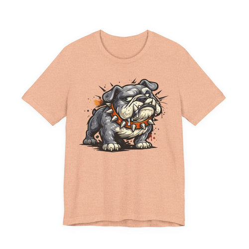 Peach bulldog graphic T-shirt with snarling cartoon dog illustration