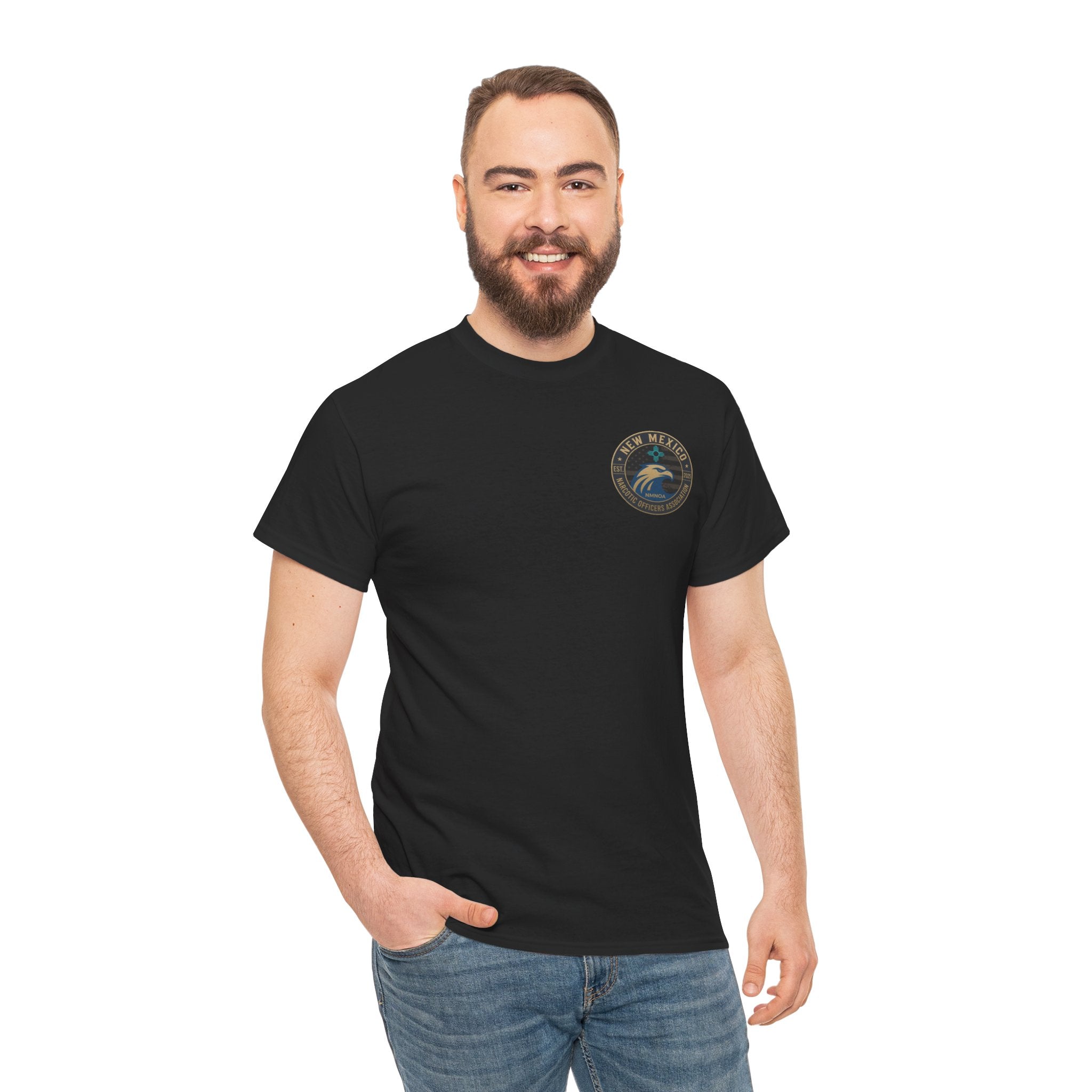 Black crewneck tee on model with small circular chest logo
