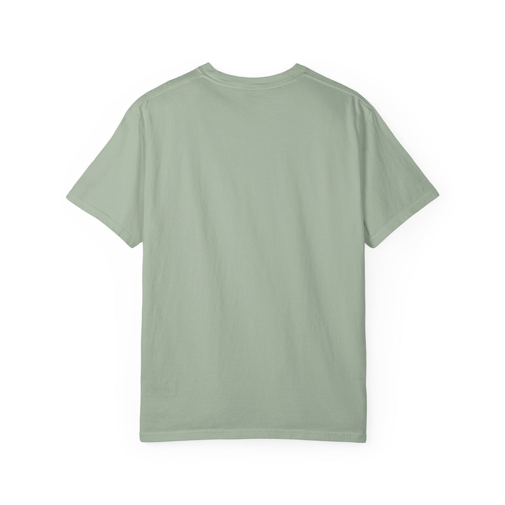 Sage green crewneck T-shirt, plain front and short sleeves.