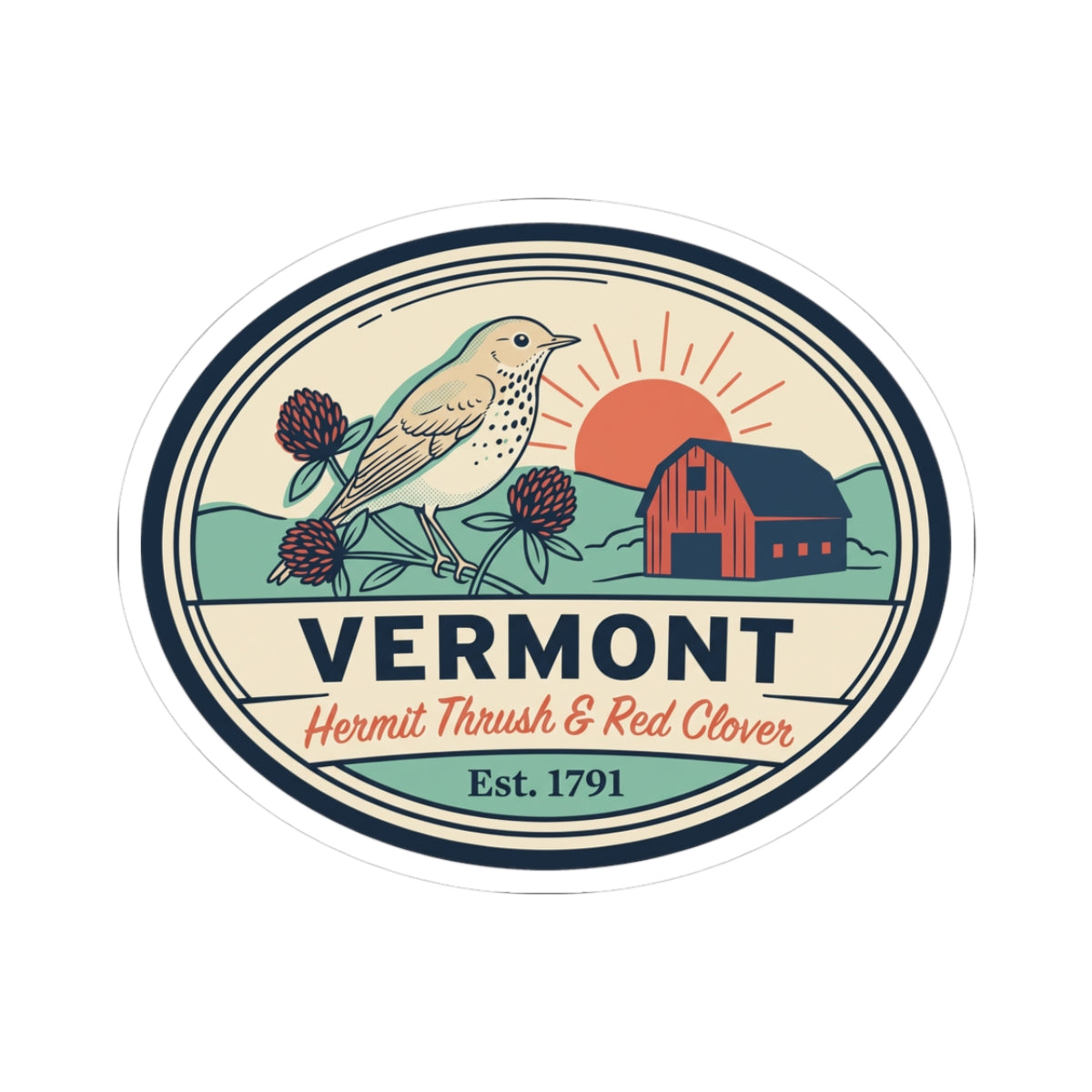 Round Vermont sticker featuring hermit thrush, red clover flowers, barn, and Est. 1791