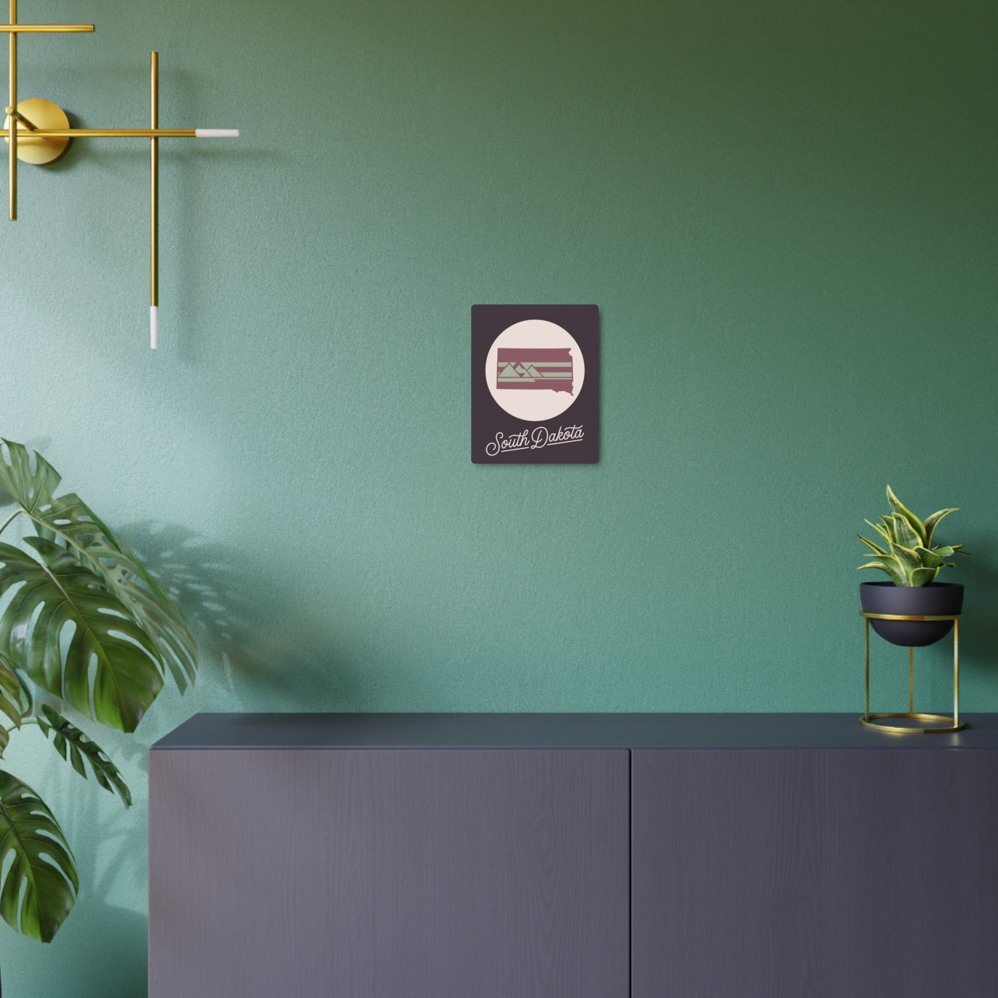 Square South Dakota metal wall art with dark panel, circular badge, and script lettering