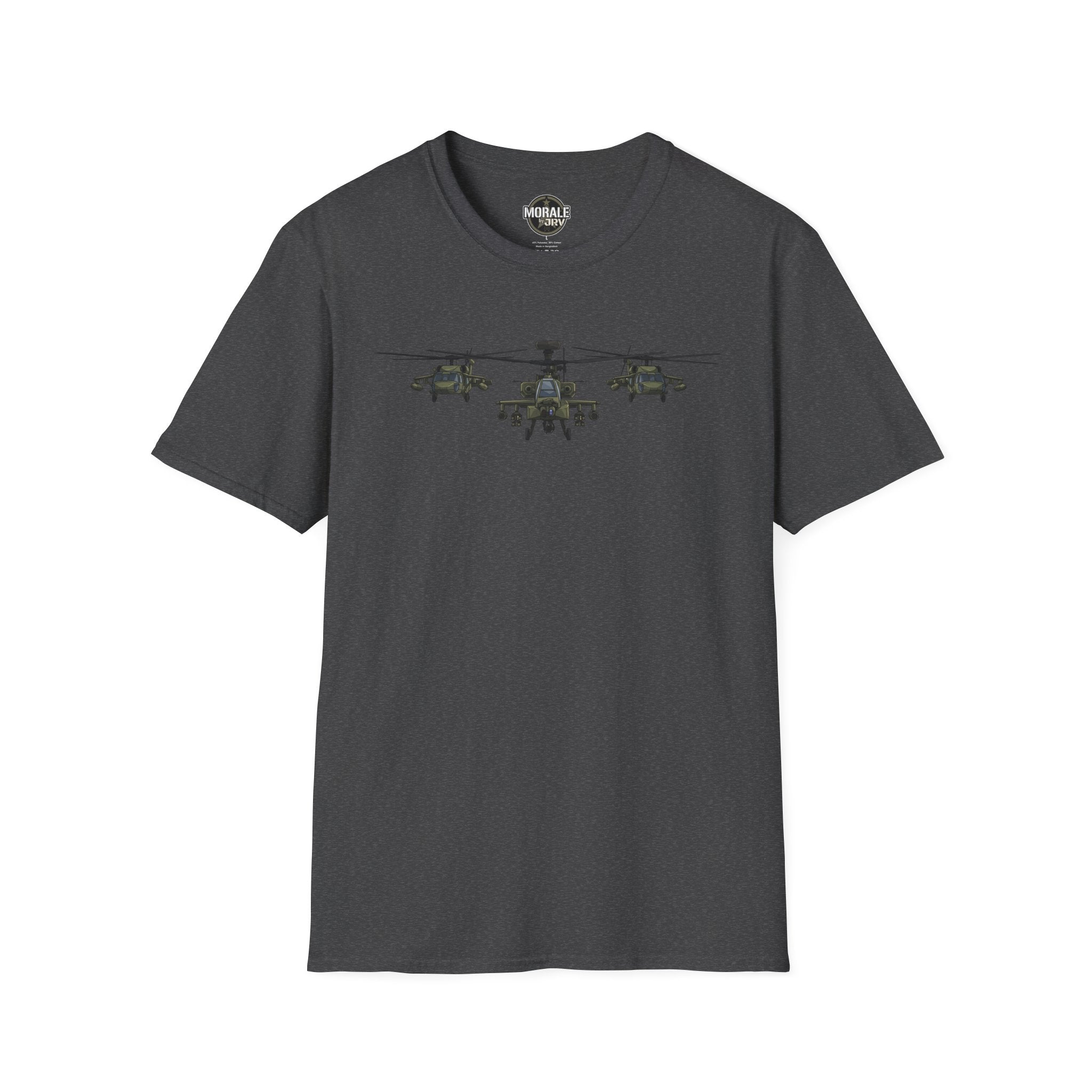Dark gray heather crewneck T-shirt with three-helicopter graphic on the chest