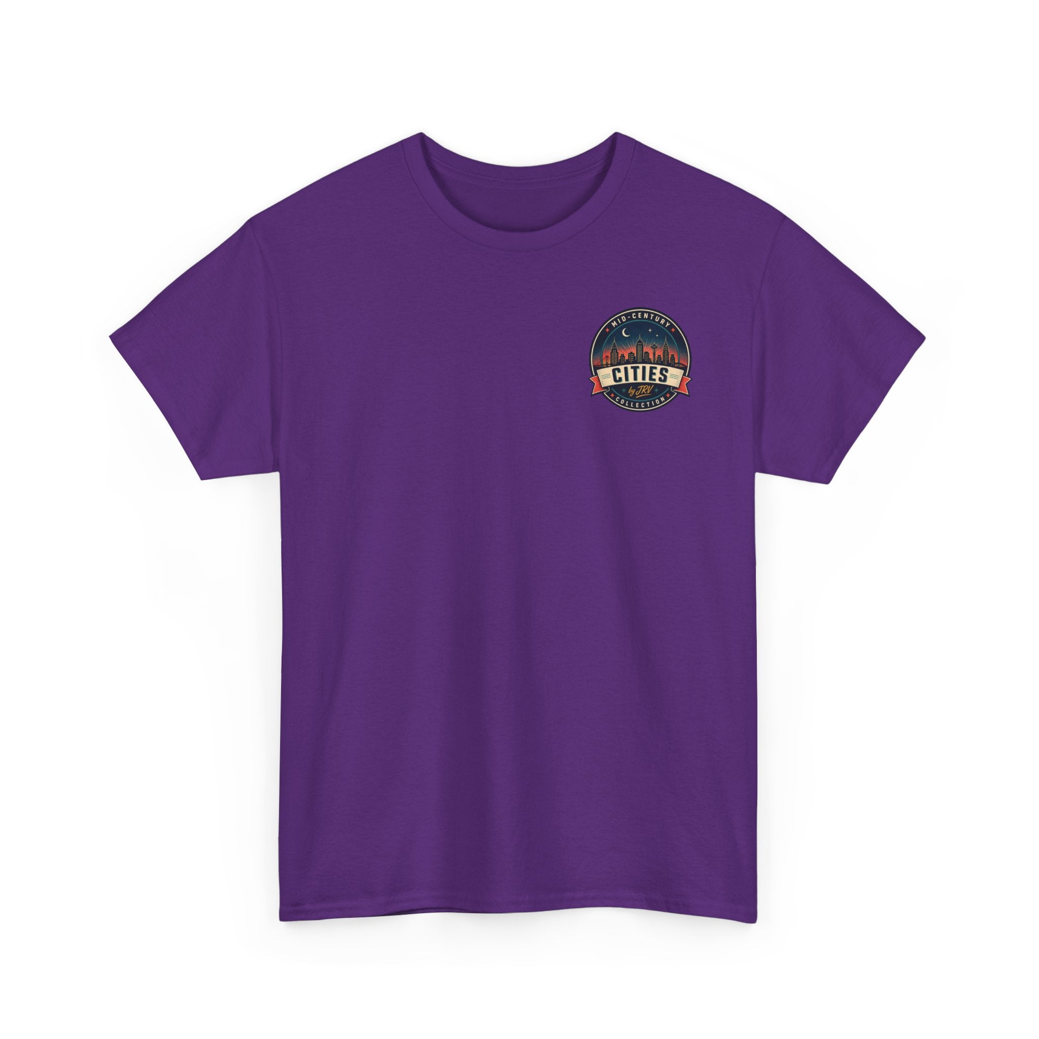 Purple crewneck T-shirt with circular Cities city badge graphic on chest