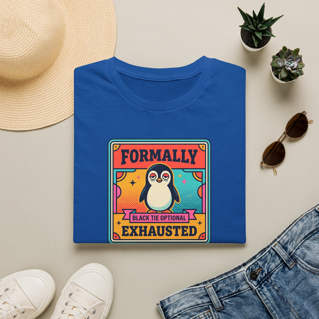 Funny Penguin T-Shirt | Formally Exhausted Black Tie Optional Retro Graphic Tee | Penguin Gift