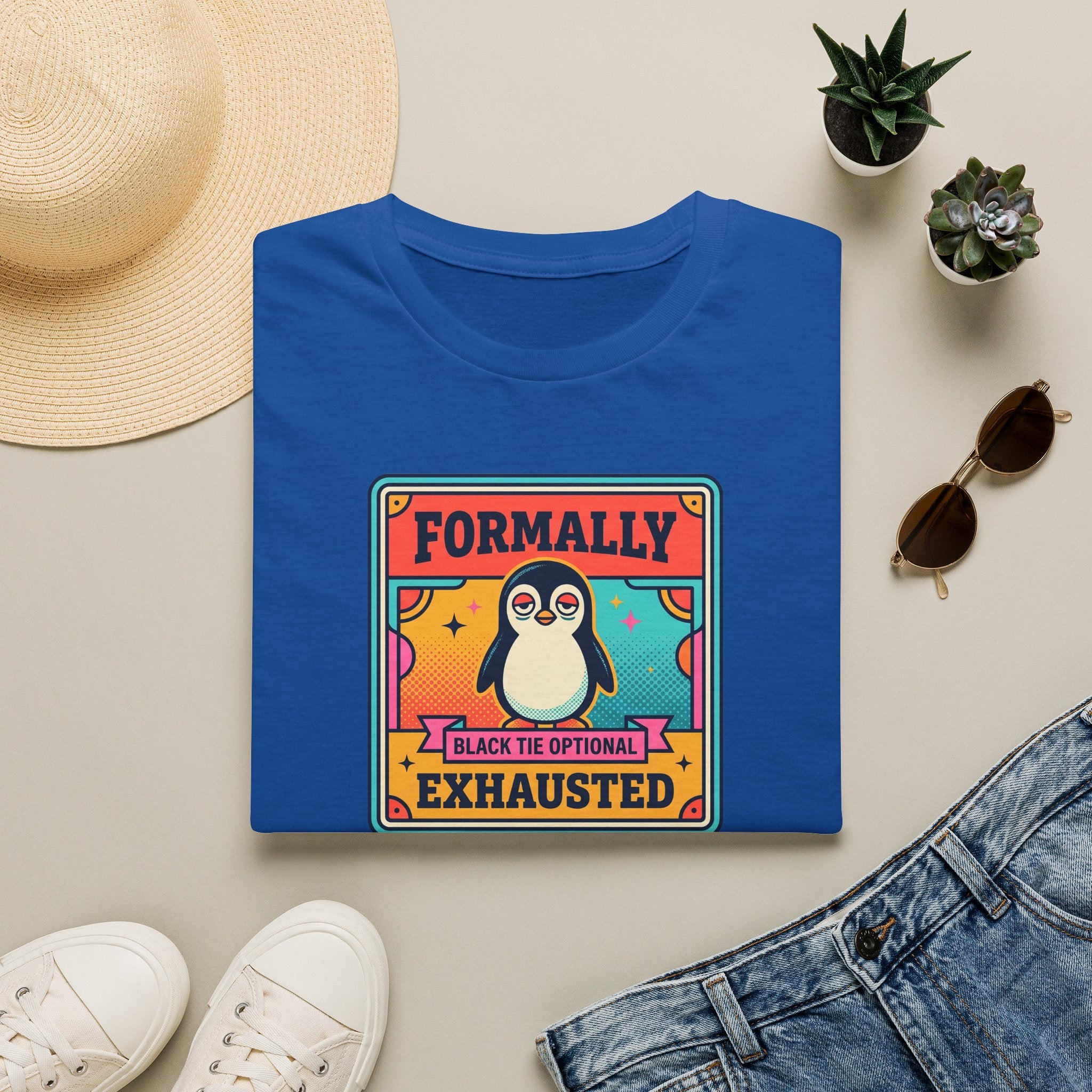 Funny Penguin T-Shirt | Formally Exhausted Black Tie Optional Retro Graphic Tee | Penguin Gift
