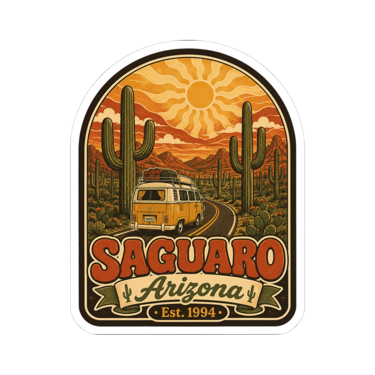 Saguaro Arizona kiss-cut sticker with cactus, camper van, and Est. 1994 text