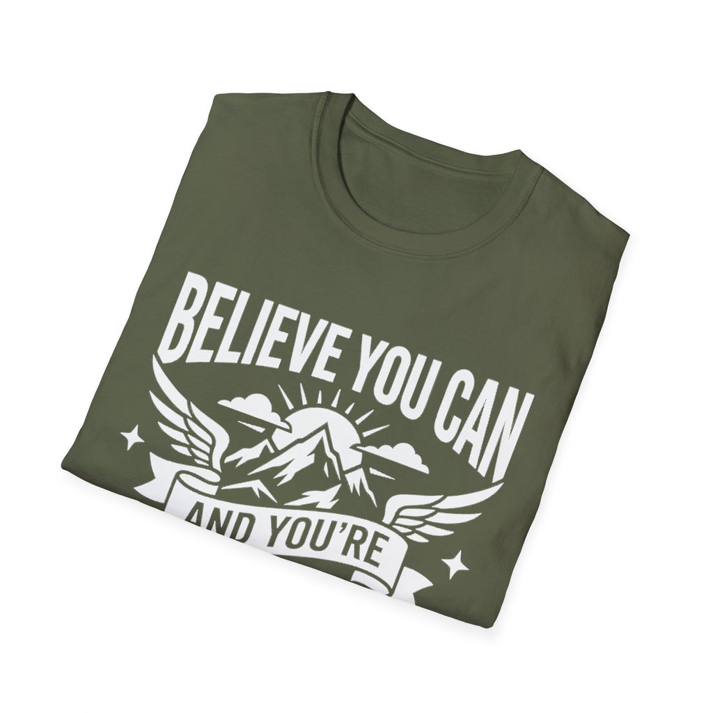 Believe You Can mountain quote T-shirt in military green with white graphic print.