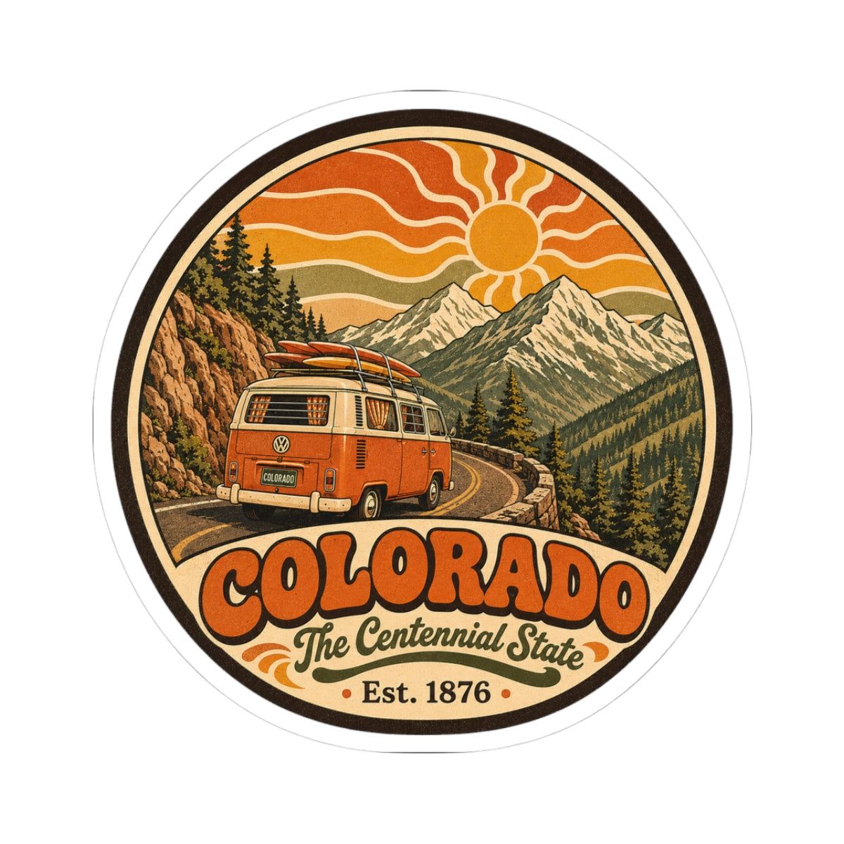 Round Colorado camper van sticker with mountains, pine trees, and orange sun