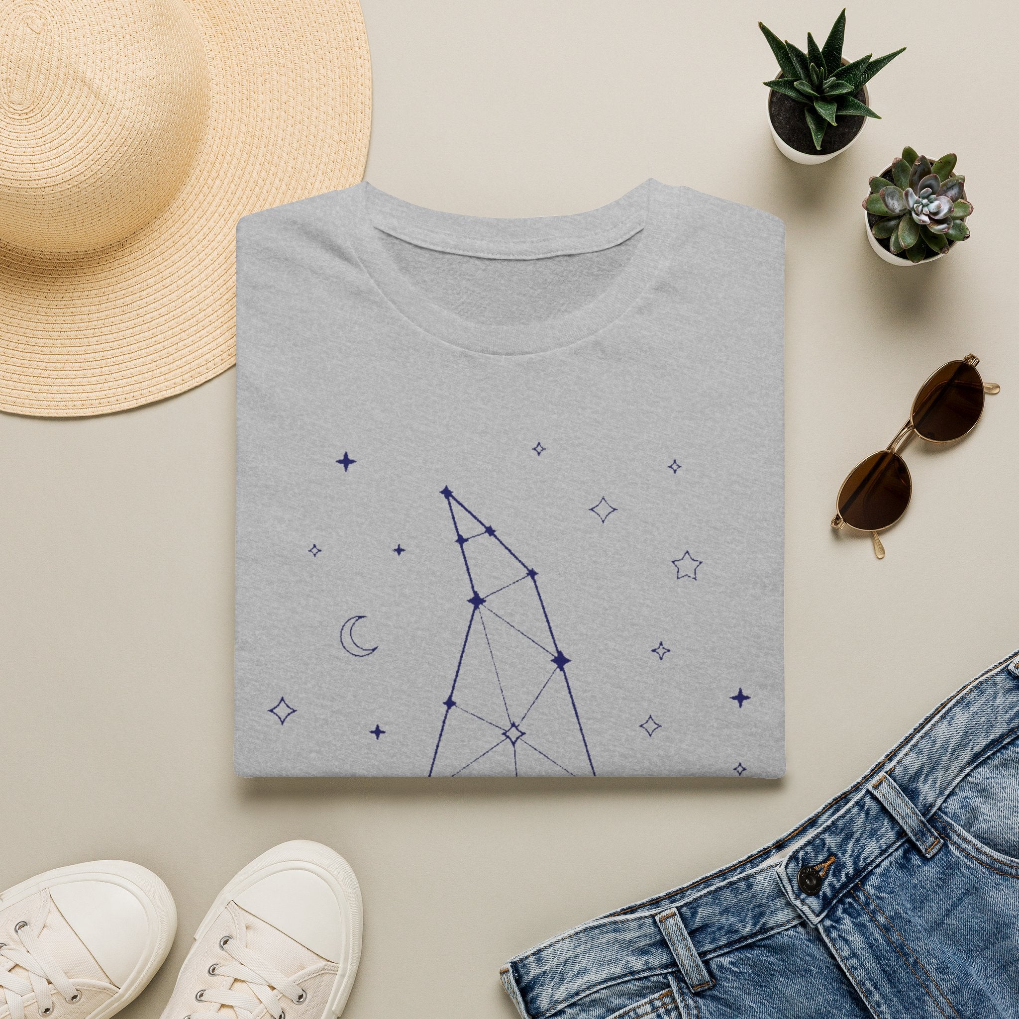 Light gray witch constellation graphic T-shirt with star and moon symbols