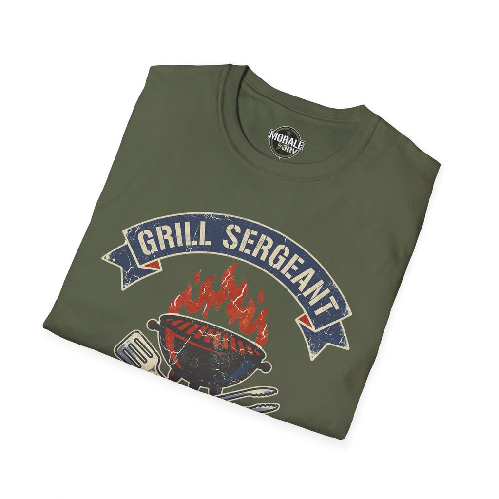 Olive green Grill Sergeant graphic T-shirt with flaming grill emblem