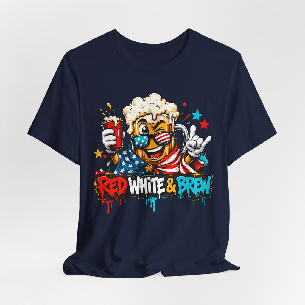 Red White & Brew 4th of July T-Shirt | Patriotic Beer Mascot American Flag Graphic Tee